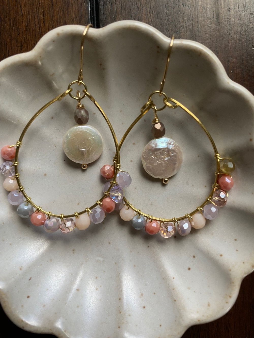 Handmade Hoop Earrings with Coin Pearl & Multicolor Beads - Picture 2 of 3